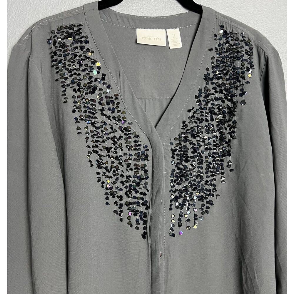Chico's Womens Grey Sequin Shear Button Down Career Top Size 2 Medium Holiday
